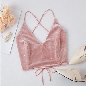 Womens Velvet Galaxy Print Criss Cross Spaghetti Strap Cami